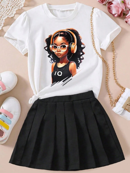 Tween Girl Cartoon Girl Pattern Printed Short Sleeve T-Shirt And Solid Color Pleated Skirt Set