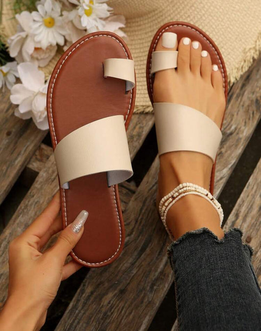 Women's Casual Flat Slippers With Toe Ring, Round Open Toe Anti-slip Slides, Outdoor Beach Sandals