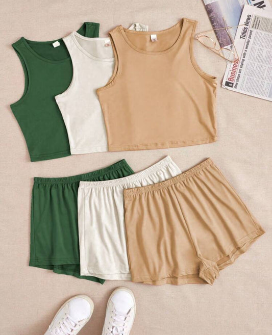 Solid Color Round-Neck Vest And Elastic Waist Shorts 3-Piece Summer Casual Set