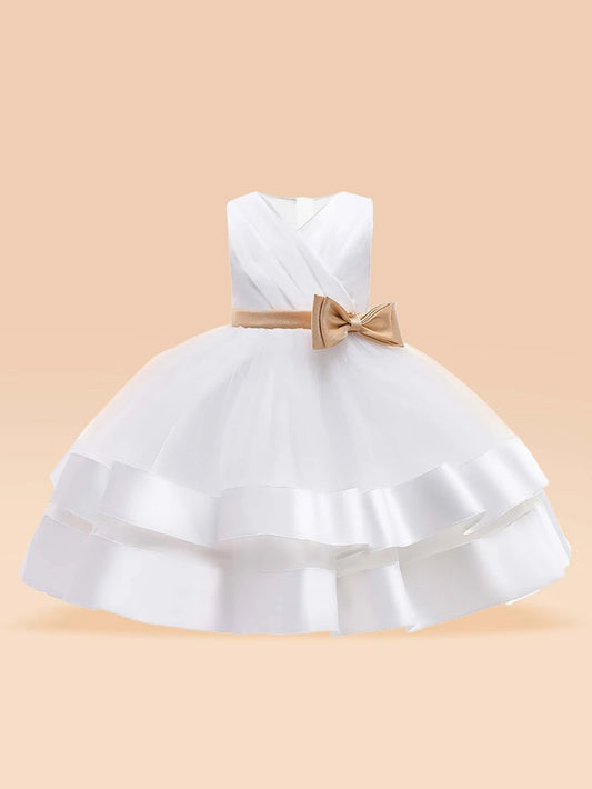 Toddler Girls Bow Front Layered Flare Hem Mesh Party Dress