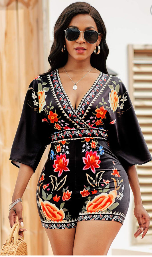 Tie Back V Neck Floral Print Romper