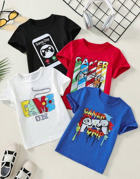 Young Boy 4pcs/Set Lovely Alphabet & Game Console Pattern Casual Short Sleeve T-Shirts For Summer