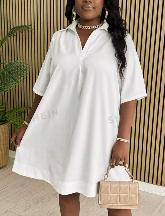 Slayr Plus Size Elegant & Versatile & Casual & Vacation Loose White Shirt Collar V-Neck A-Line Mini Dress, Spring/Summer - Z