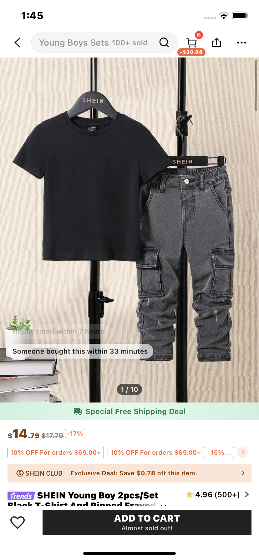 SHEIN Young Boy 2pcs/Set Black T-Shirt And Ripped Frayed Washed Skinny Grey Denim Jeans With Cargo Pocket Set ,For Spring And Summer Young Boy Outfits