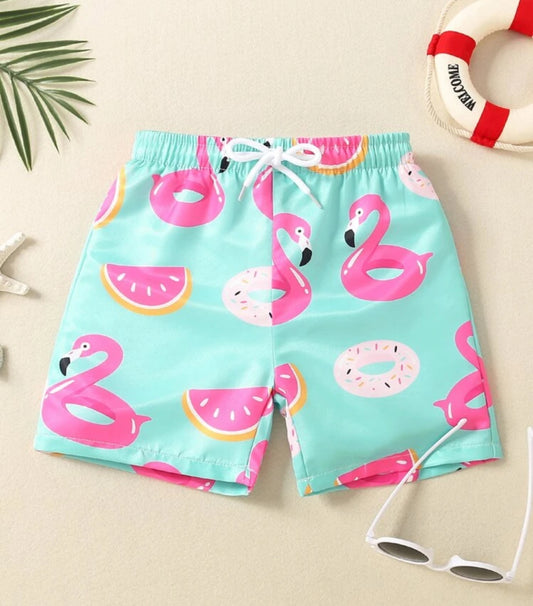 Young Boy Cartoon Graphic Drawstring Waist Swim Shorts Kids Swimwearkids Beachwearboy Swimwear Summer