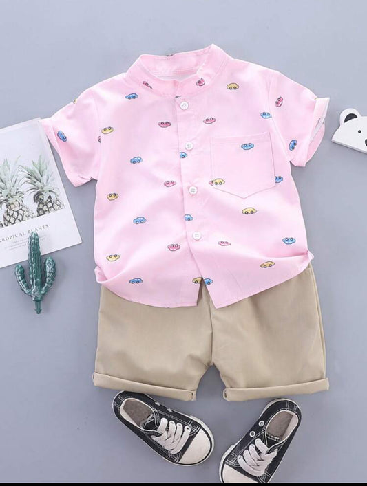 Young Boy All-Over Allover Print Short Sleeve Shirt & Shorts, Gentleman Style Casual Wear For Spring/Summer, Suitable For School, Party