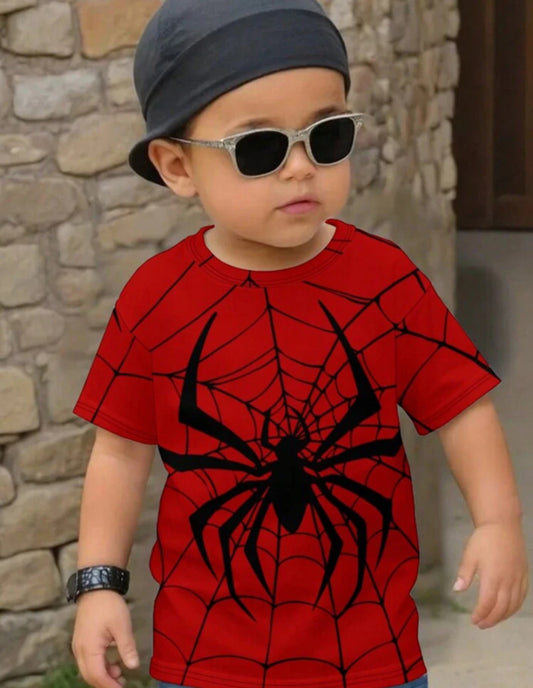 SHEIN Spider & Young Boy Casual Spider Pattern Short Sleeve Round Neck T-Shirt Suit For Summer