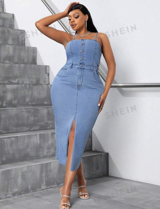 SHEIN SXY Women's Simple Split Hem Plus Size Denim Spaghetti Strap Dress