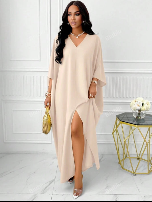 V Neck  Batwing Sleeve Split Thigh Dress