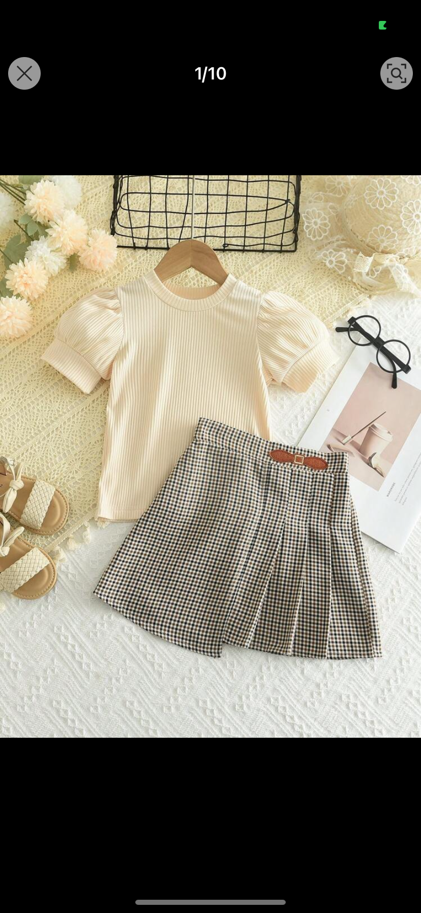 Young Girl 2pcs/Set Hollow Striped Bubble Sleeve Top + Plaid Pleated Knee-Length Skirt Summer Outfits