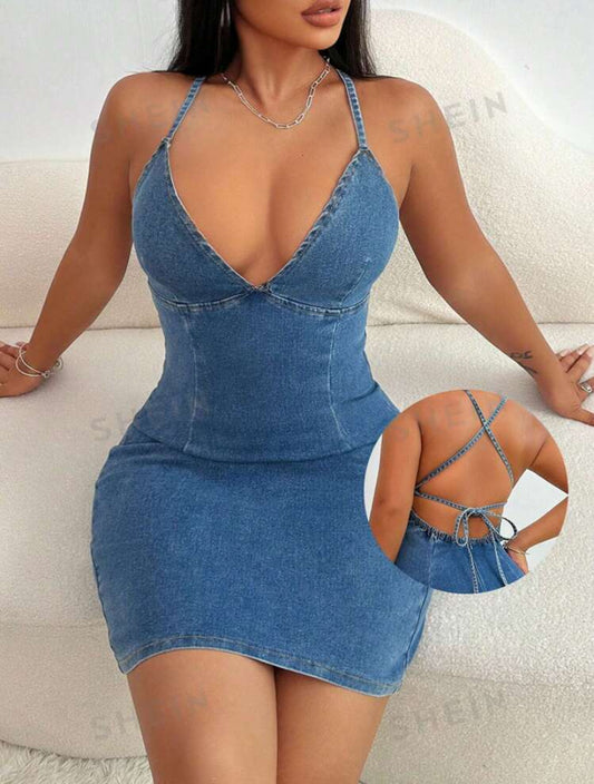 SHEIN SXY Women's Summer Sexy Backless Cross Bodycon Denim Dress With Spaghetti Straps