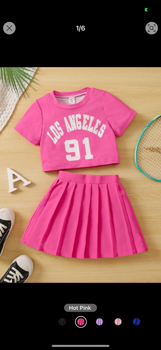 SHEIN Young Girl Letter Graphic Tee & Pleated Skirt