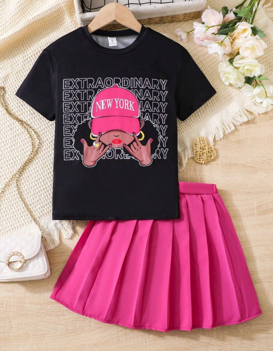 Tween Girls' Cartoon Printed Short-Sleeve T-Shirt And Pleated Skirt Set