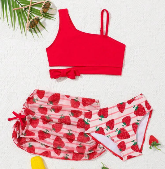 SHEIN Young Girl Solid Color Top & Strawberry Print Bottom Swimwear Set