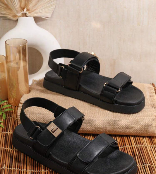 SHUZIA Bestseller Women's Luxury-Inspired Gold Lock Buckle Adjustable Strap Open Toe Soft Footbed Flatform PU Black Sandals