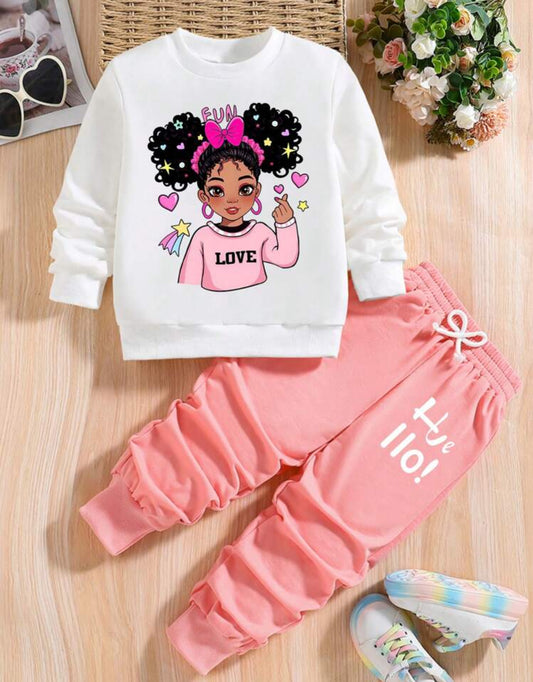 Young Girl Cartoon Pattern Round Neck Sweatshirt And Sweatpants Set