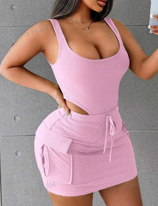 SHEIN SXY 2pcs Women Summer Casual Solid Color Tank Top & Mini Skirt Set