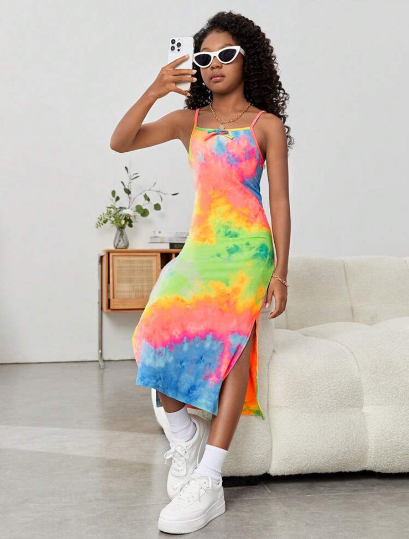 SHEIN Tween Girls' Colorful Tie Dye Side Slit Cami Dress