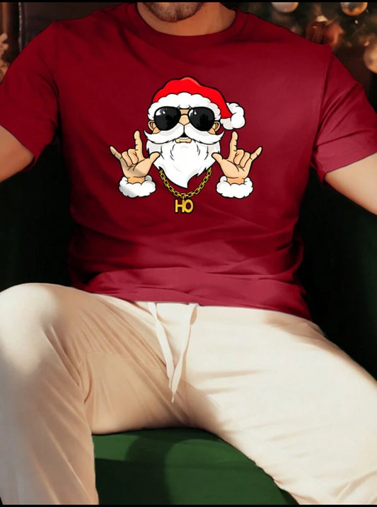 Manfinity LEGND Men's Santa Claus Print Round Neck Short Sleeve Casual T-Shirt, For Christmas Party