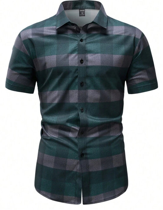 Manfinity Homme Men's Plaid Short Sleeve Shirt , Slim Fit Button Up Casual Shirt