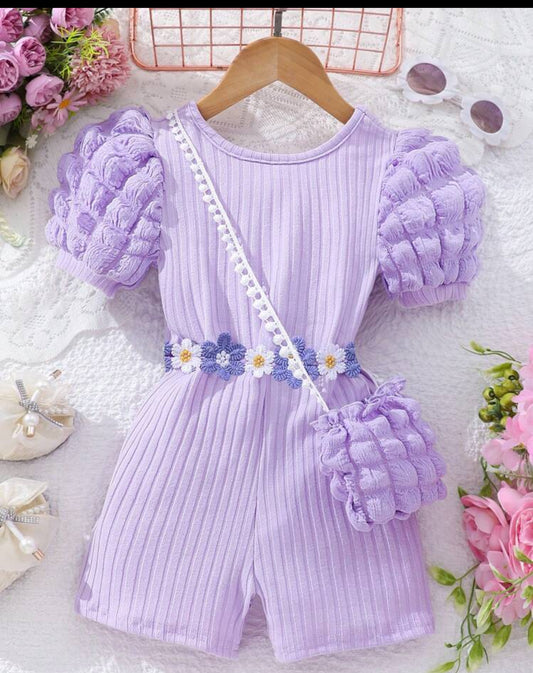 Young Girl Short Sleeve Bubble Textured Ribbed Cross-Back Romper, Including Bag