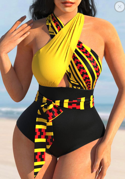 Tribal Print Color Block Cross Halter One Piece Swimwear