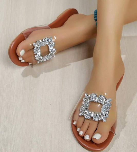 Women's Brown Open Toe Transparent Strap Diamond Decorated Slip-On Sandals, Stylish & Fashionable Slip-On Slippers For Beach