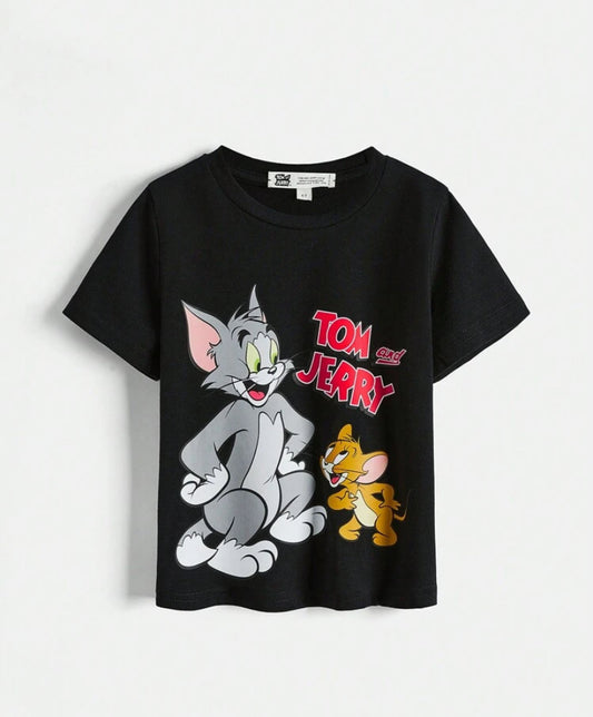 TOM & JERRY X SHEIN Young Boy Casual Short-Sleeved Round Neck Classic Black Fitted T-Shirt, Suitable For Summer