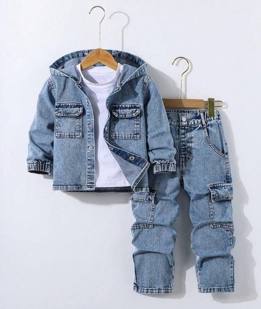 Young Boys Trendy Casual Matching Hoodie Top And Multi-Pocket Straight-Leg Cargo Pants Denim Outfit