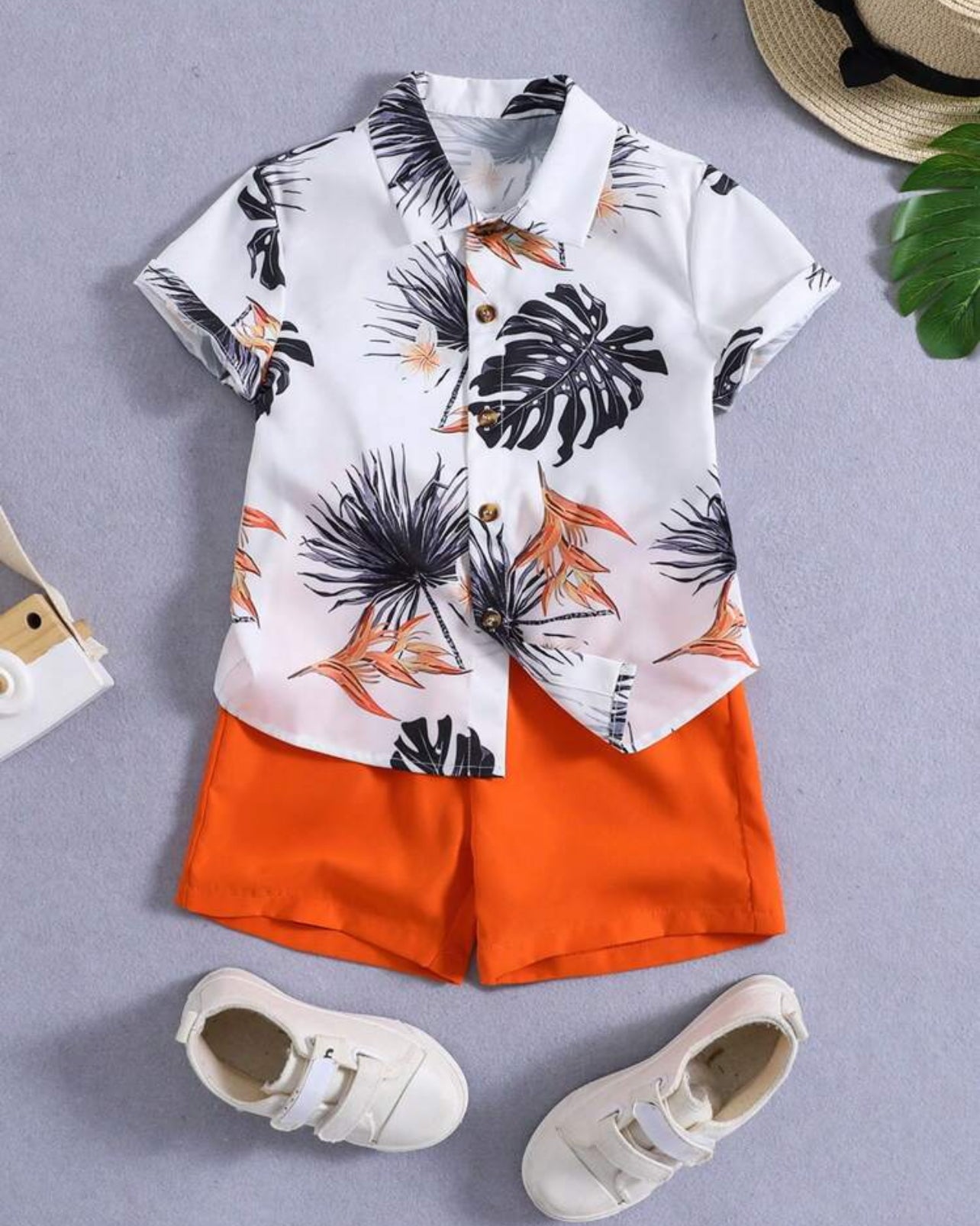 Young Boy Tropical Printed Vacation Leisure Collar Short Sleeves Regular Fit Two-piece Set For Summer