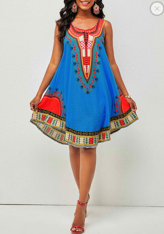 Wide Strap Tribal Print Round Neck Dress  Rosewe®(v)