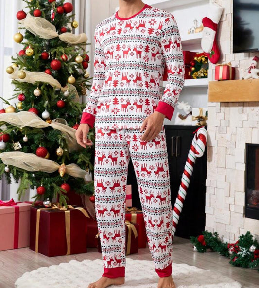 Manfinity Shein CoupledUp Men's Comfortable Christmas Deer Print Long Sleeve Top And Pants Pajama Set, Autumn/Winter