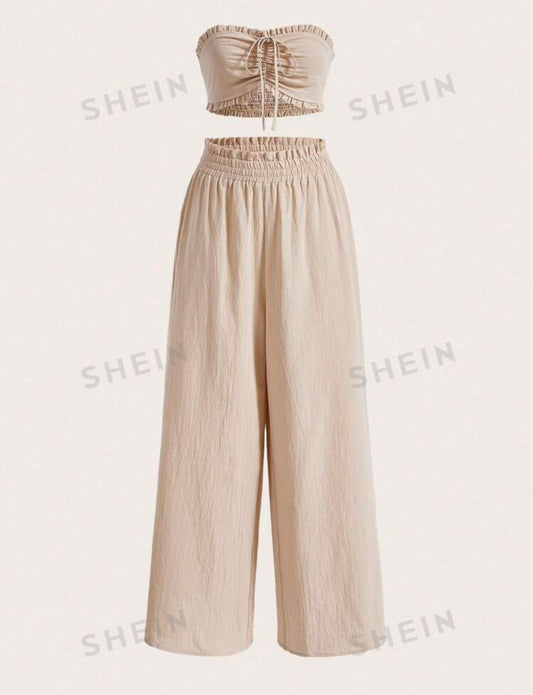 Summer Sets Drawstring Front Tube Top & Paperbag Waist Wide Leg Pants