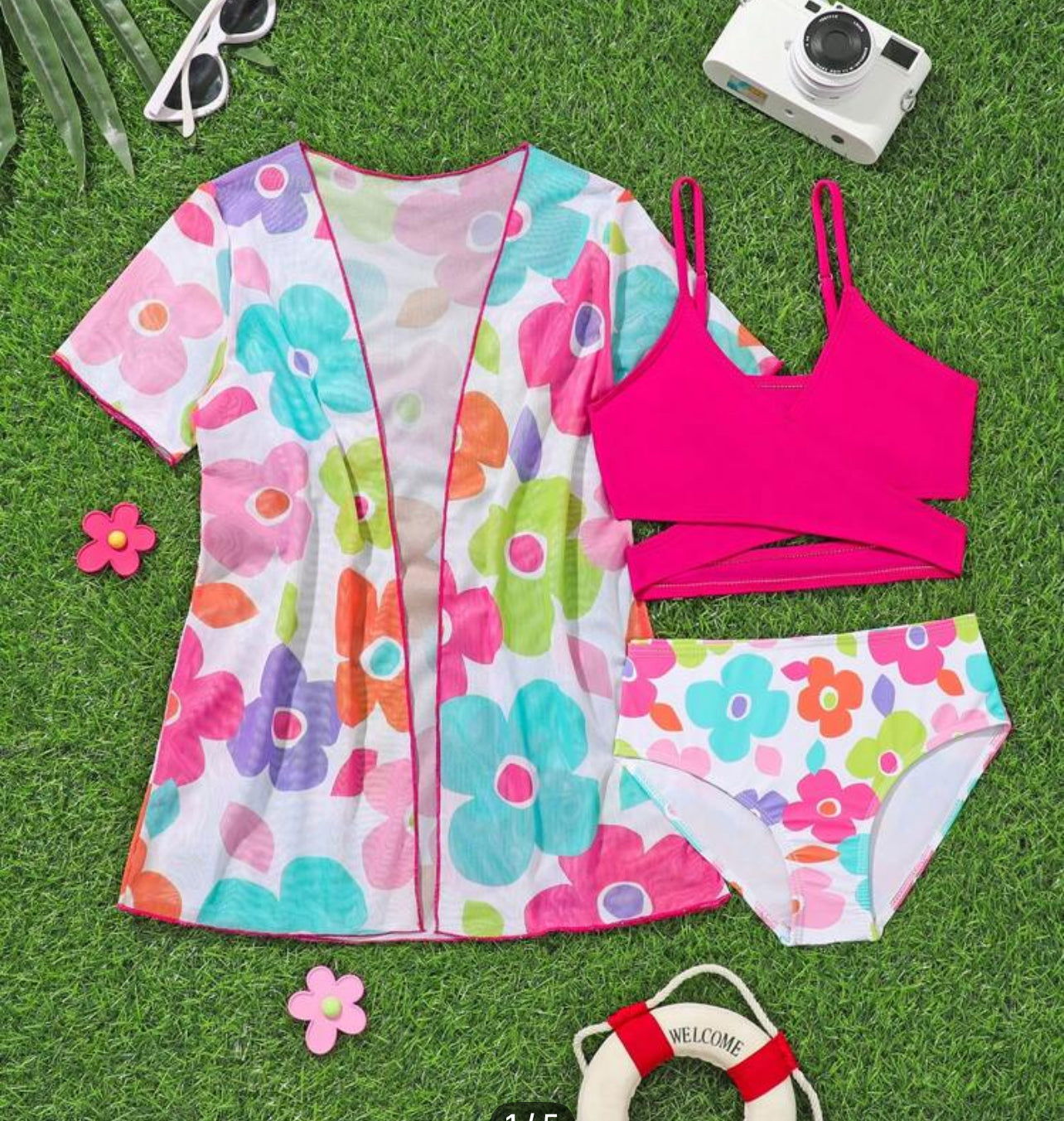 Young Girl Floral Print Criss-Cross Bikini Set With Short Sleeve Open Front Kimono