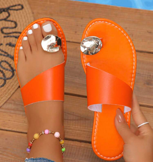 Women's Orange Flat Sandals, Shell Metal Toe Ring Design, Solid Color, Non-Slip PU Leather, Arch-Shaped Casual Beach Vacation Party Sandals