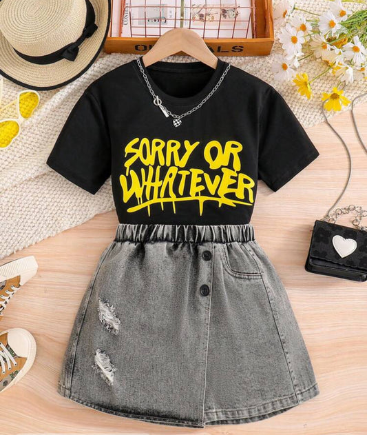 Tween Girls  Slogan Graphic Tee & Ripped Denim Skirt