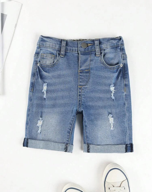 SHEIN Streecool Kids Young Boy Casual Outdoor Sports Personality Summer Elastic Roll-Up Denim Shorts