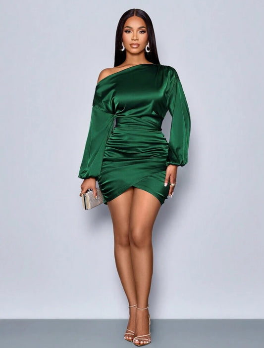 SOLERSUN Winter Clothes For Women Holiday Clothes Green Color Elegant Asymmetric Neck Pleated Lantern Sleeve Long Sleeve Satin Party Bodycon Short Dress