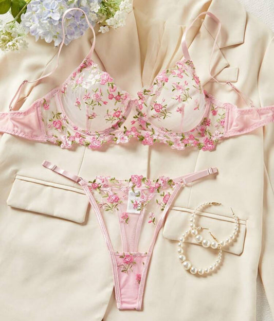 Women's Sexy Lingerie Set - Pink Floral Embroidery Sheer Hot Intimates Bras & Panty Set, Honeymoon Gift