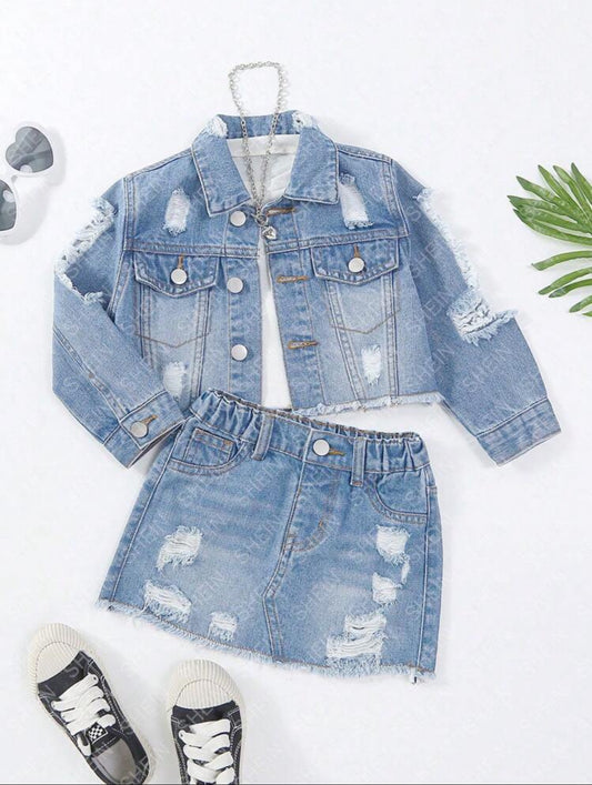 Young Girl Cool Street Style Mid-Blue Washed Distressed Denim Jacket & Denim Skirt Set With Frayed Hem