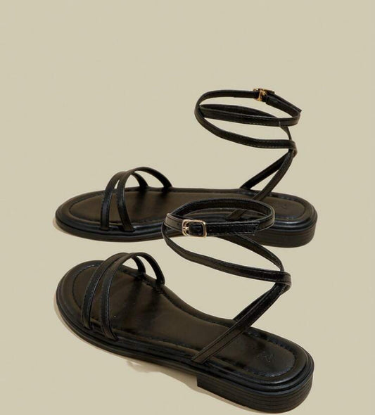 Women's Black Flat Sandals With Crossed Straps & Tie-Up Laces For Summer