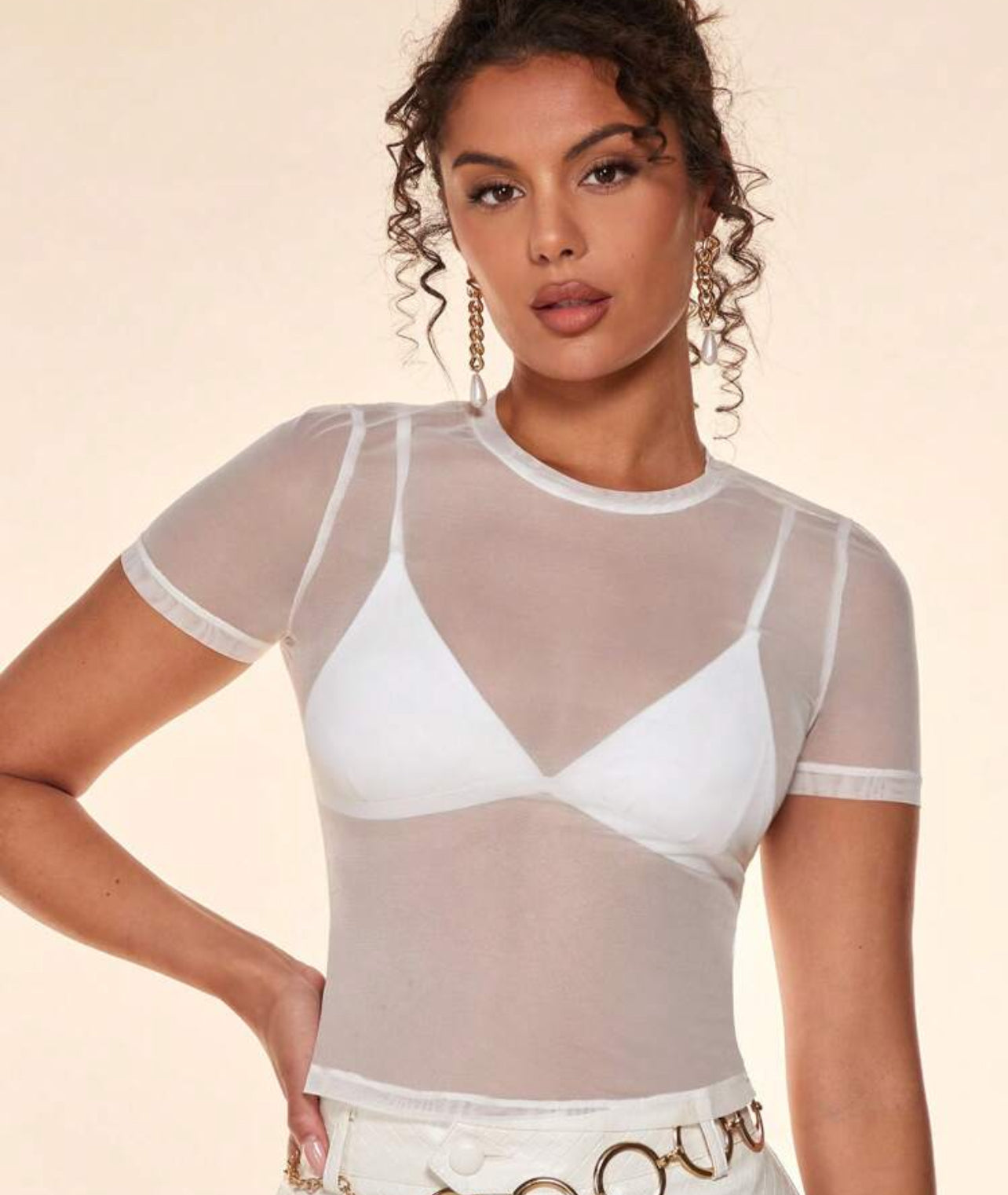 Solid Sheer Mesh Top Without Bra