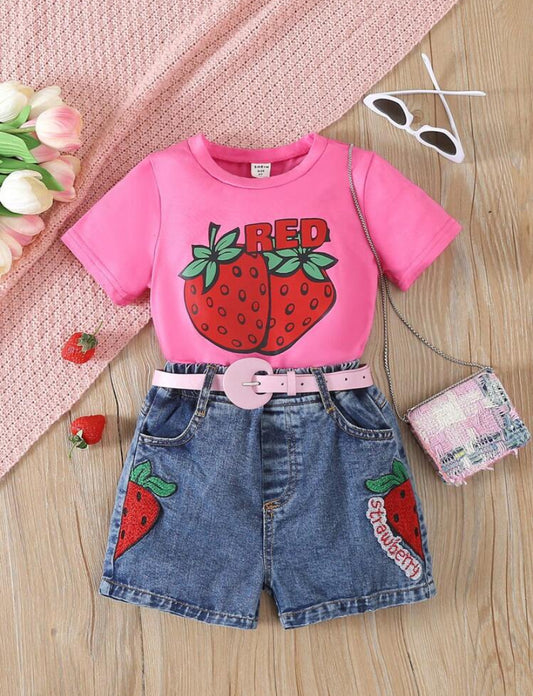 Young Girl Summer Round Neck Short Sleeve Strawberry & Letter Print T-Shirt And Embroidered Elastic-Waist Denim Shorts Set With Belt