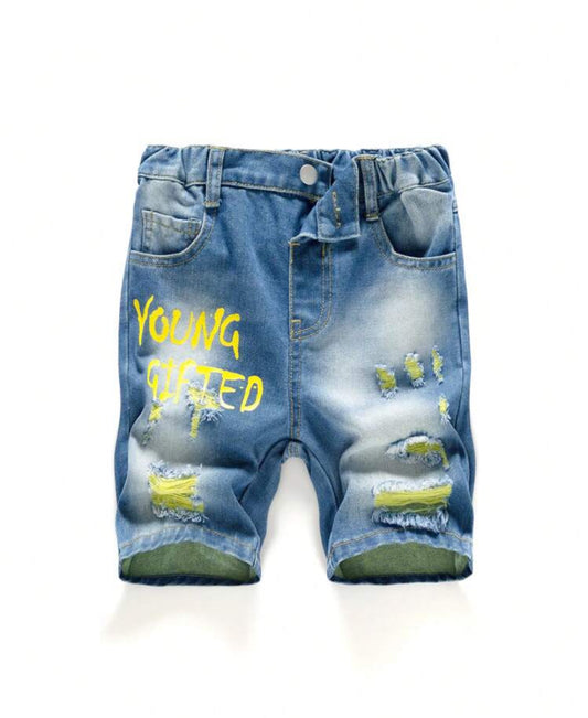 Young Boy Fashionable Street Style All-Match Letter Printed Ripped Denim Shorts