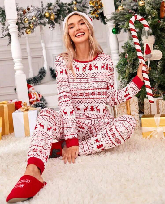 Women's Christmas Pajama Set, Reindeer Fair Isle Print Long Sleeve Loungewear & Pants