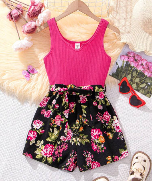 Tween Girl Knitted Monochrome Spaghetti Strap Jumpsuit With Flower Pattern Printing, Summer