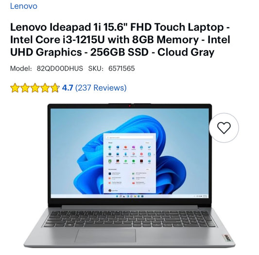 Lenovo Ideapad 1i 15.6" FHD Touch Laptop - Intel Core i3-1215U with 8GB Memory - Intel UHD Graphics - 256GB SSD (New)