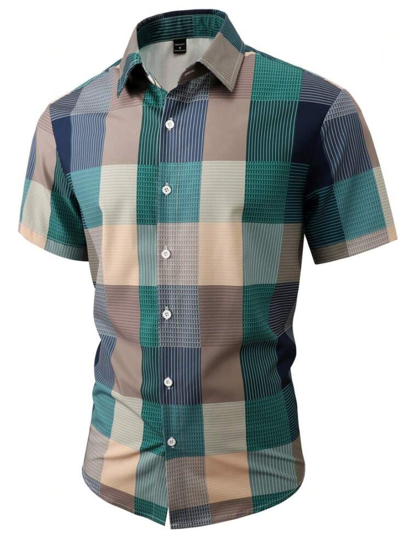 Manfinity Homme Men's Summer Plaid Short Sleeve Casual Shirt, Button Up Graphic Work Shirt