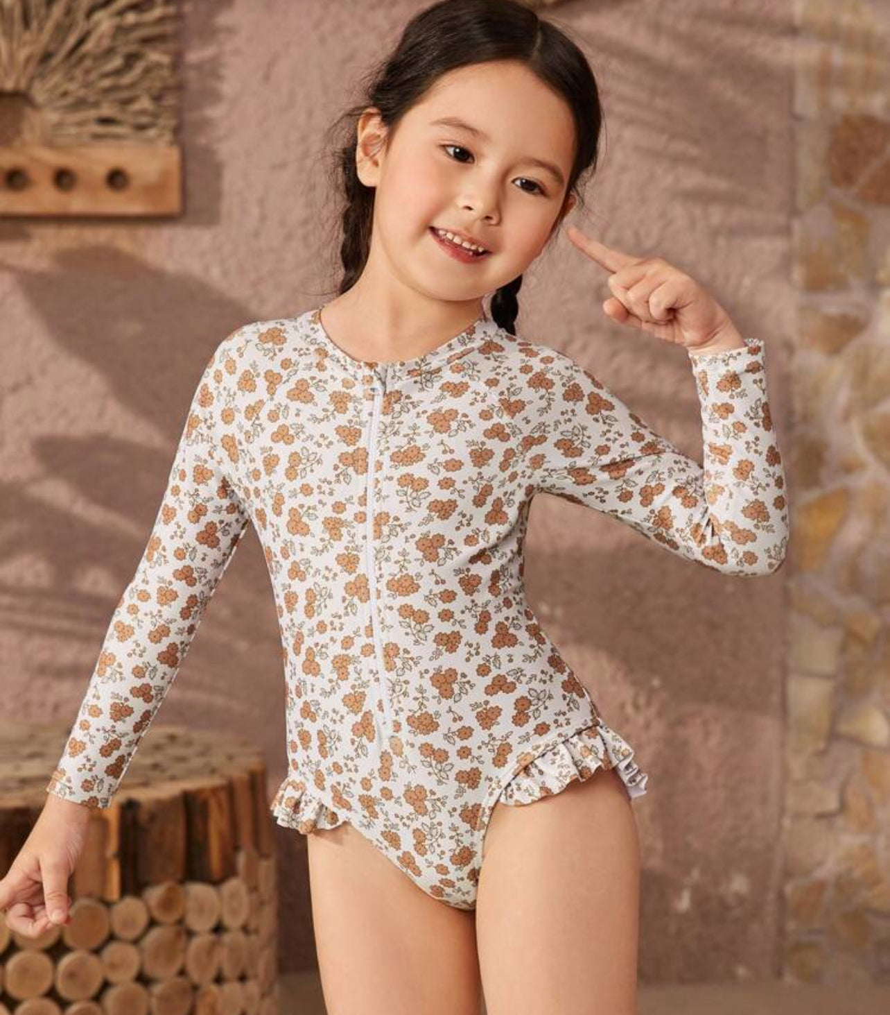 Young Girl Random Flower Printed One Piece Swimsuit With Zipper