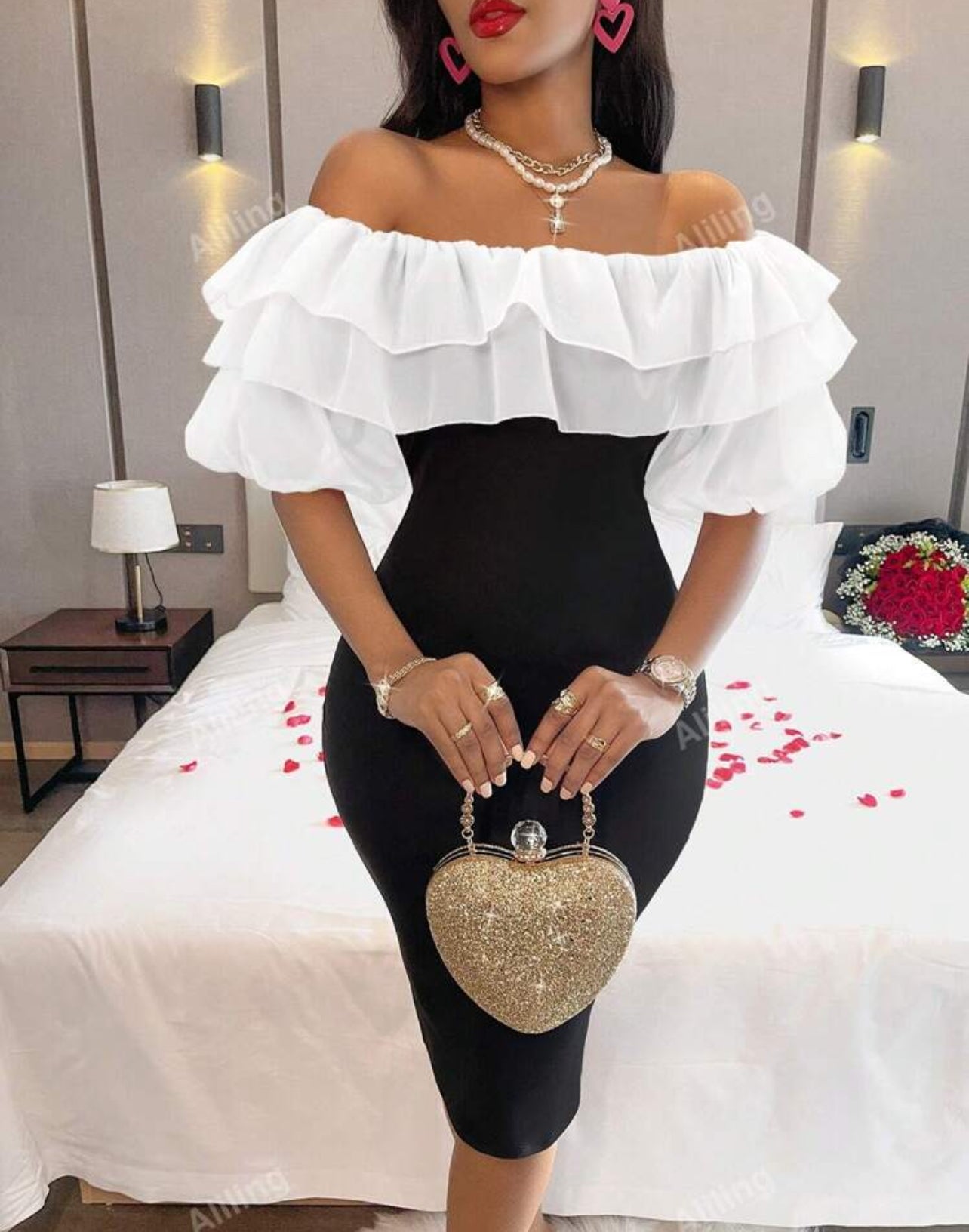 Women's Off-Shoulder Puff Sleeve Bodycon Dress